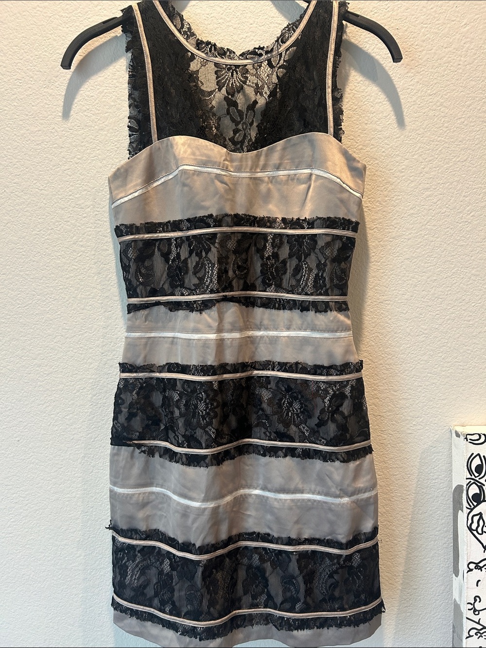 BCBGeneration Black Lace Overlay Dress with Silver Panels